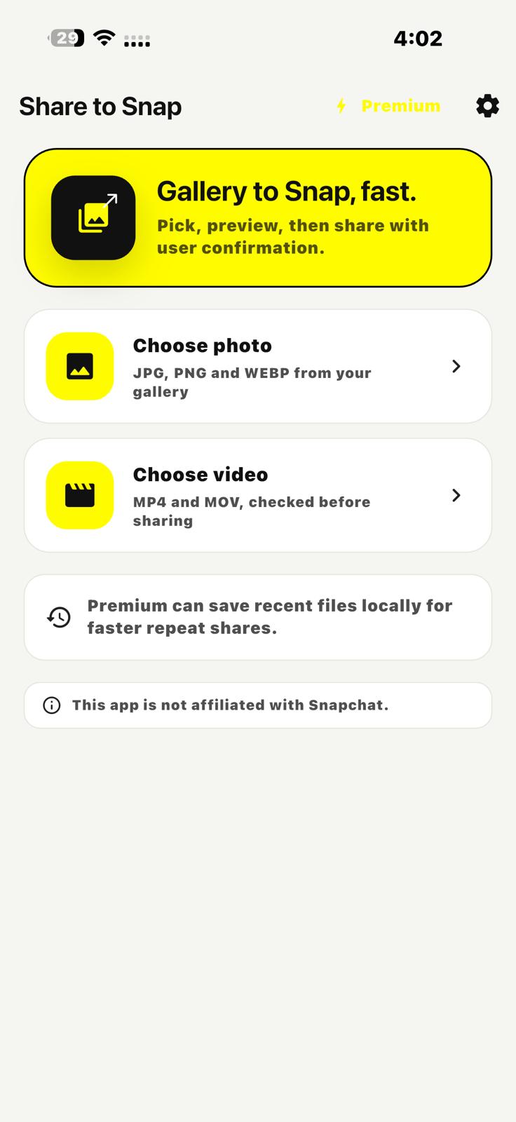 واجهة تطبيق Share to Snap المنشور على App Store